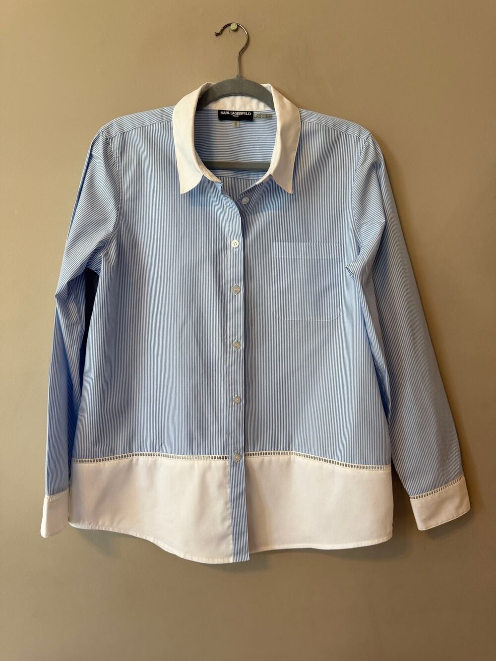Karl Lagerfeld Paris Blue White Stripe Contrast Hem Button Down Shirt Women’s M